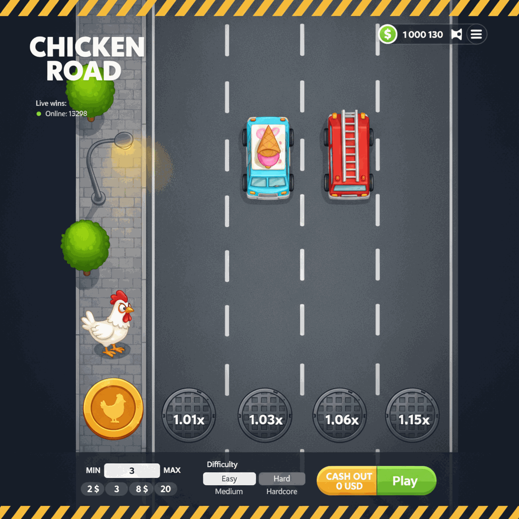 Chicken Road crash game by InOut showing a cartoon chicken character standing on an urban sidewalk preparing to cross a multi-lane road with traffic, manhole covers displaying multiplier values on each lane, and a dark navy interface with balance display and live wins ticker