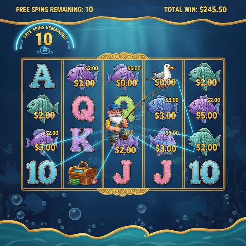 Fishin Frenzy free games round with fisherman wild catching fish prize values on screen