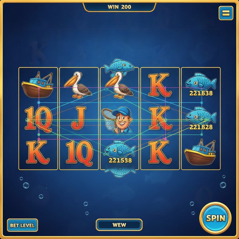 Fishin Frenzy gameplay showing coloured paylines across the five reel three row grid