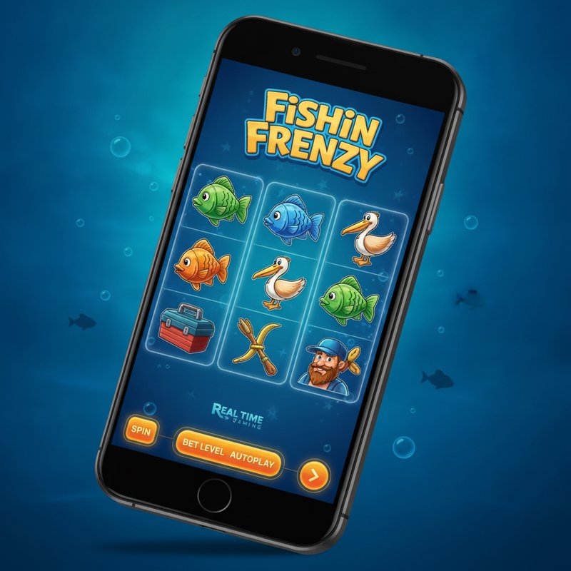 Fishin Frenzy slot running on a mobile device with Real Time Gaming branding