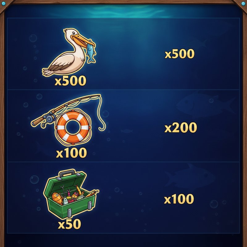 Fishin Frenzy paytable showing pelican, fishing rod, life preserver and tackle box symbol payouts
